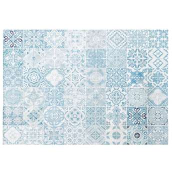 AMADORA White Outdoor Rug with Blue Cement Tile Print (H155 x W230cm)