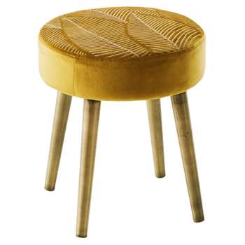 AMENA Gold Embroidered Velvet Stool with Pine Legs (H42 x W36 x D36cm)