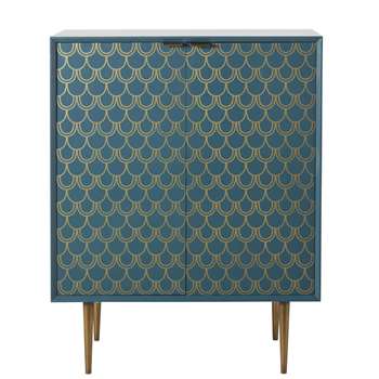 BARRACUDA - Turquoise Blue 2-Door Sideboard with Gold Graphic Print (H90 x W70 x D38cm)