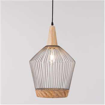 Birdy Wire Pendant Light with Braided Rattan Border - Long (Diameter 31cm)