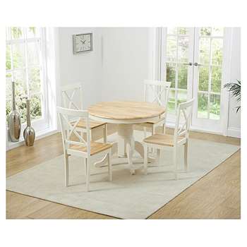 Epsom Cream Pedestal Extending Dining Table with Four Chairs (H76 x W100-131 x D100cm)