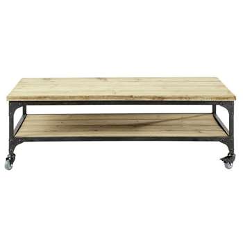 GALLIENI Wood and metal industrial coffee table on castors (35 x 110cm)