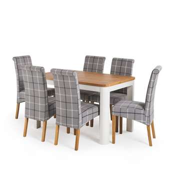 Hove 4ft 3 inches White Extendable Dining Table and 6 Scroll Back Chairs, Grey Check (H77 x W130 x D80cm)