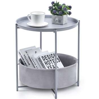 Kingrack Table with Detachable Tray Top and Fabric Storage Basket, Light Grey (H48 x W45 x D45cm)