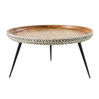 KRISHNA - Round Black Metal and Carved Solid Mango Wood Coffee Table (H35 x W71 x D71cm)