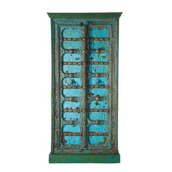 MADRAS Solid Mango Wood Indian Wardrobe in Blue With Distressed Finish (H180 x W90 x D50cm)