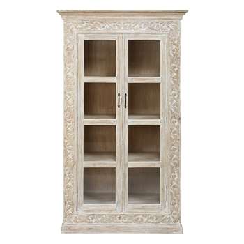 PUSHKAR Bleached solid mango wood 2-door carved display case (190 x 110cm)