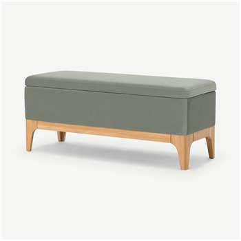 Roscoe Ottoman Storage Bench, Sage Green Velvet with Oak Legs (H45 x W110 x D39cm)