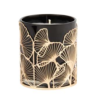 Scented Candle in Grey Glass Holder with Gold Metal Ginkgo Print (H9 x W8 x D8cm)