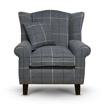 Sloane & Sons - Tartan Wingback Fabric Armchair, Grey (H90 x W84 x D77cm)