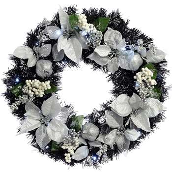 WeRChristmas Pre-Lit Decorated Wreath Illuminated with 20 Cool White LED Lights, Black/Silver (Diameter 60cm)