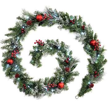 WeRChristmas Pre-Lit Frosted Decorated Garland Illuminated with 40 Cool White LED Lights, Red, 9 feet (Length 274cm)